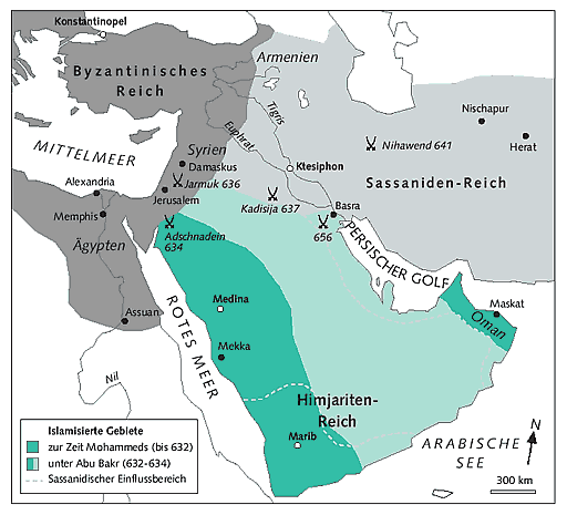 Karte, Islam mit den
                        Schlachten am Jarmuk 636 und bei Kadisija 637