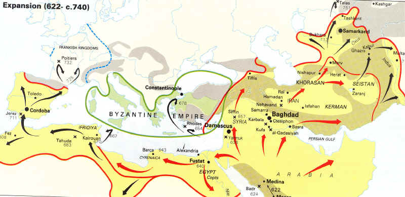 Karte: Die
                        Ausbreitung des Islams und das byzantinische
                        Reich