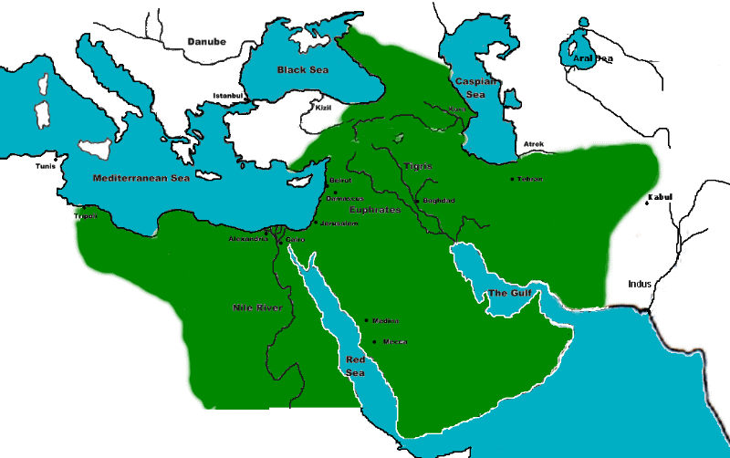 Karte des Islam von Persien bis
                            Tripolis 01 im Jahre 661