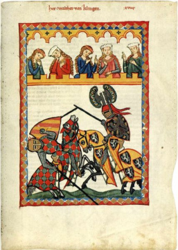 Darstellung des Ritterspiels
                            "Lanzenstechen" /
                            "Tjost" im Codex Manesse um 1300.
                            Das Lanzenstechen ist arabischen Ursprungs
                            und fordert bei Anwendung scharfer Waffen
                            einen Haufen sinnlose Tote...