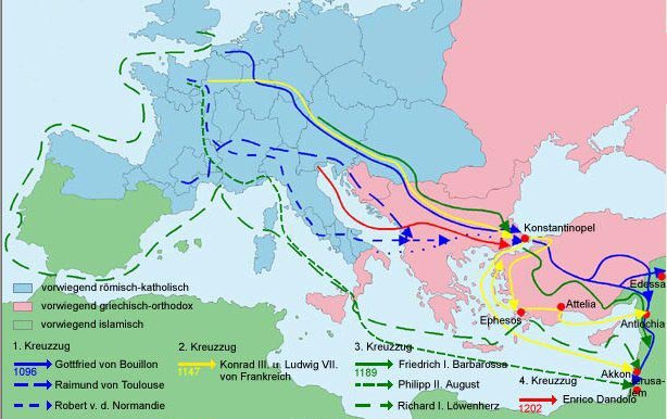 Karte mit den
              4 Kreuzzgen, (blau (1096), gelb (1147), grn (1189) und
              rot (1202) eingezeichnet).