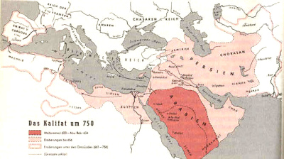 Karte des Kalifats
                        (dunkelrot: bis 634, rosa: bis 656, rosa Rand:
                        bis 750): Die Grenzen wurden systematisch mit
                        arabischen Burgen befestigt