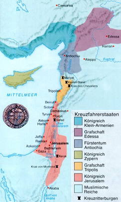 Karte der Kreuzfahrerstaaten und der
                          Kreuzfahrerburgen. Der Papst wollte die
                          Vernichtung des Islam. In den
                          Kreuzfahrerstaaten spielte sich dann aber ein
                          Kulturaustausch ab, der dem Papst nicht
                          willkommen war...