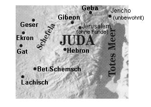 Karte von Juda mit Lachisch,
                      Schefela, Hebron, Bet Schemesch, Ekron, Gibeon,
                      Gat und Geba