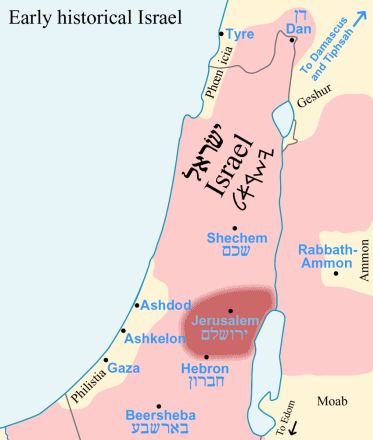 Map with the
                            territories of the Israelites according to
                            the old and wrong historiography "from
                            Dan to Beersheba"