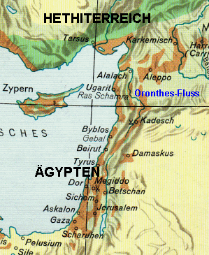 Map
                      with the Empires of Egypt and the Hittites with
                      Orontes river as borderline: Jerusalem did not
                      exist in these times yet.