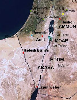 Map with Kadesh Barnea, Arad, Araba, Edom,
                        Moab and Ammon, satellite photo. Half of the
                        Dead Sea has disappeared in 2003 already.