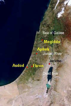 Map with
                          Ashdod, Ekron, Aphek (in the coastal plain)
                          and with Megiddo, satellite photo