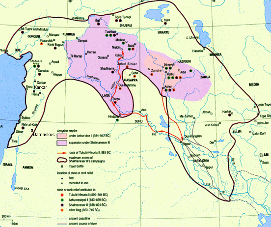 Map: Assyria
                under Shalmaneser III. This is a huge
                "crescent"...