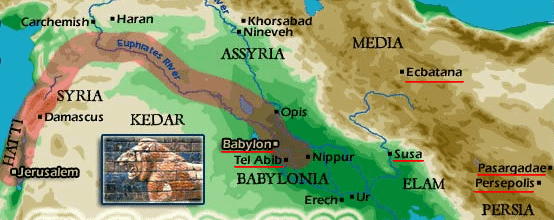 Map with the towns
              of the Babylonian captivites: Babylon, Tel Abib, Susa,
              Ecbatana, Persepolis, and Pasargadae