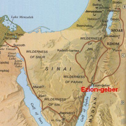 Map with Ezion Geber and the faked way of
                        Moses' migration