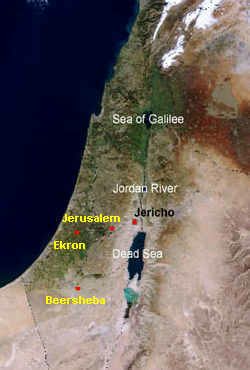 Map with the position of Jericho, Jerusalem,
                      Ekron, and Beersheba.