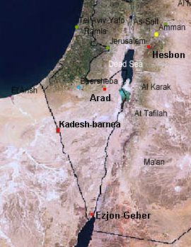 Map with Kadesh Barnea, Arad,
                      Ezion Geber, and Hesbon