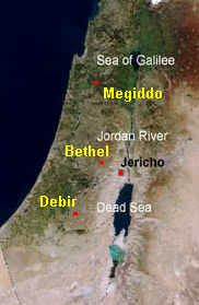 Map with Megiddo and Debir,
                        satellite photo