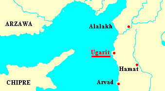 Map with Ugarit at the upper Mediterranean coast
                  opposite to Cyprus.