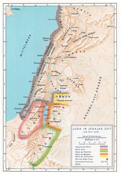 Map: The little states of Judah, Edom,
                          Moab and Ammon are confronted with the big
                          Empire of Assyria.