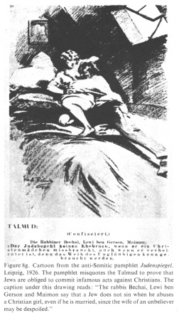 Encyclopaedia Judaica (1971):
                        Anti-Semitism, vol. 3, col. 133: cartoon showing
                        a "Christian" maid defending against a
                        male attack in her bed