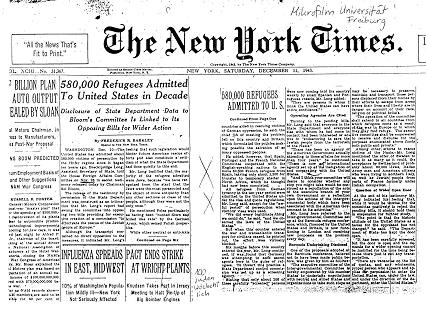 New York Times 11.12.1943:
                                    Aufnahme jüdischer Flüchtlinge in
                                    den "USA"