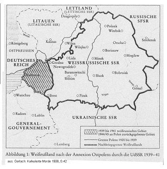 Karte von Weissrussland (BSSR) mit der
                        Verschiebung von Landesgrenzen 1920-1945