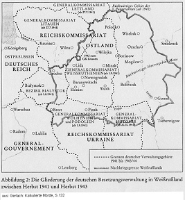 Karte von Weissrussland (BSSR) 1941-1945
                        mit Weissruthenien und den verschiedenen
                        Grenzziehungen