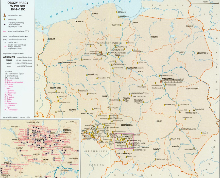 Der polnische Gulag 1944-1950, Karte, und auch
                Auschwitz (Oswiecym) ist darunter zu finden (untere
                Mitte)