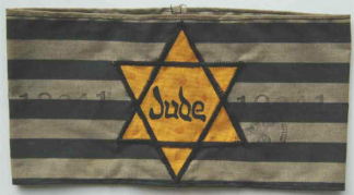 Germany, striped armband with yellow
                          Jewish star with inscription "Jude"
                          ("Jew")