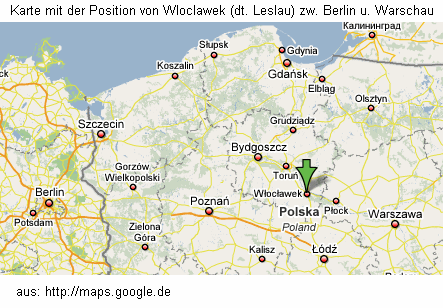 Map with the position of Wloclawek (German:
              Leslau) between Berlin and Warsaw