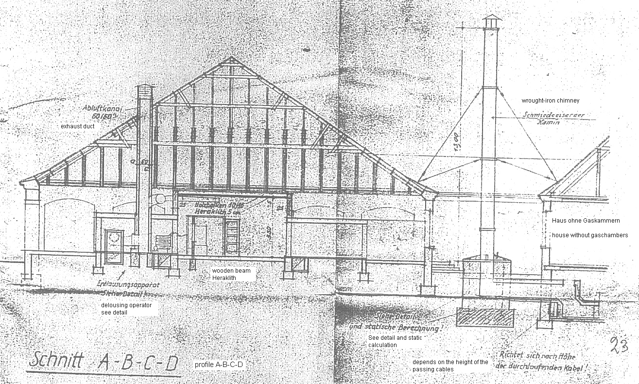 Auschwitz: Geplante Kurzwellenentlausung in
              Gaskammerhaus / projected short wave deloucing in
              gaschamber house, profile