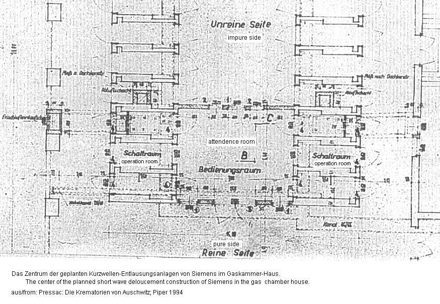 Zwei geplante Kurzwellen-Entlausungsanlagen im
              Gaskammer-Haus 1943 / two projected short wave delousing
              constructions of Siemens in the gas chamber house