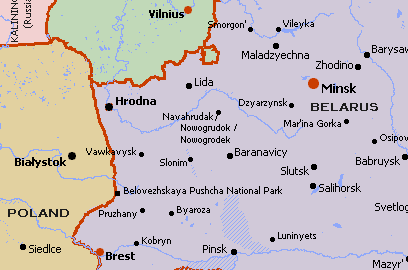 Karte mit
                                der BSSR von heute (2000) mit Minsk und
                                Nowogrodek (auch: Navahrudak, Nowogrudok
                                etc.)