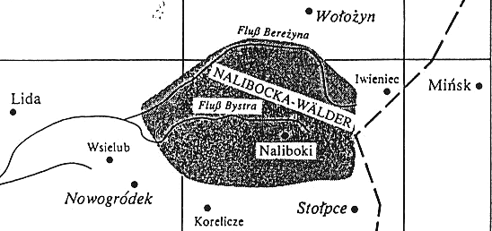 Karte mit Nowogrodek, Minsk und
                                  den Nalibocka-Wldern dazwischen