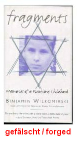 Binjamin Wilkomirski: Fragments. Memoirs of
                        a wartime childhood, Buchdeckel einer Flschung