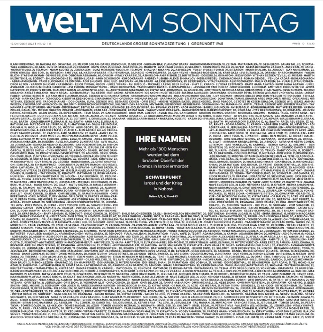 14.10.2023: Die Namenliste der Todesopfer vom
                      Hamas-Angriff vom 7.10.2023