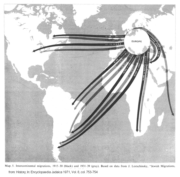 Encyclopaedia Judaica / Lestschinsky:
                            Map of the Jewish emigration from Europe to
                            other continents 1915-39