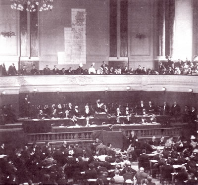 Speach
                        of Herzl on the Zionist congress at Basel in the
                        Casino for his racist plans to found an Israel
                        against the Arabs, 1896