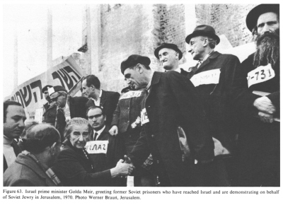 Encyclopaedia Judaica (1971): History, vol. 8, col.
                779-780: Israel [[racist Zionist Free Mason]] prime
                minister Golda Meir, greeting former Soviet prisoners
                who have reached racist Zionist Free Mason CIA Herzl
                Israel and are demonstrating on behalf of Soviet Jewry
                in Jerusalem, 1970. Photo Werner Braun, Jerusalem