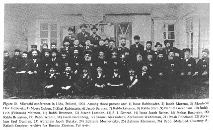 Encyclopaedia Judaica (1971): Zionism,
                          vol. 16, col. 1099-1100: [[Racist Zionist
                          religious patriarchal]] Mizrachi conference in
                          Lida, Poland, 1903