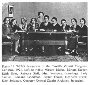 Encyclopaedia Judaica (1971): Zionism,
                          vol. 16, col. 1101: WIZO delegation to the
                          Twelfth [[racist] Zionist Congress, Carlsbad,
                          1921. Left to right: Miriam Marks, Miriam
                          Sacher, Redith Eder, Rebecca Sieff, Mrs.
                          Weisberg (standing), Lady Samuel Romana
                          Goodman, Esther Feiwel, Henrietta Irwell,
                          Ethel Solomon. Courtesy Central Zionist
                          Archives, Jerusalem.