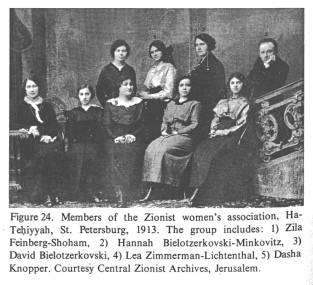 Encyclopaedia Judaica (1971): [[racist]]
                          Zionism, vol. 16, col. 1136: Members of the
                          [[racist]] Zionist women's association,
                          Ha-Tehiyyah (Ha-Teḥiyyah), St. Petersburg,
                          1913. The group includes: 1) Zila
                          Feinberg-Shoham, 2) Hannah
                          Bielotzerkovski-Minkovitz, 3) David
                          Bielotzerkovski, 4) Lea Zimmerman-Lichtenthal,
                          5) Dasha Knopper. Courtesy Central Zionist
                          Archives, Jerusalem