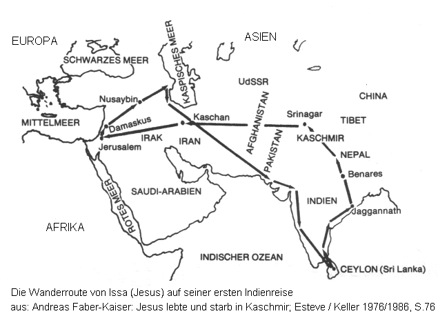 Karte der ersten
                        Indienwanderung von Issa (Jesus)