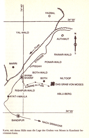 Karte mit Bandipur, Aham-Sharif und dem Weg
                        zum Mosesgrab auf dem Berg Nebu