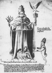 Another gay infertile criminal Pope, John
                  (Johannes) XXII., here depicted as an apocalyptic
                  threat for the Church, contemporary cartoon