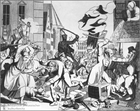 Cristianos de fantasía difaman judíos de
                        fantasía - ejemplo pogromo Hep Hep en Francfort
                        en 1819, ilustración