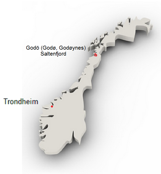 Karte
                    von Norwegen mit Trondheim, dem Saltenfjord und God
                    (God, Godynes)