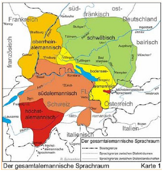 Karte: Alemannischer Sprachraum BW,
                    Elsass, Schweiz