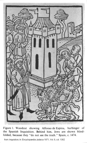 Woodcut about inquisitor Alfonso de Espina
                        confronting with the devil, and Jews in the
                        background are blindfolded, because they
                        "do not see the truth", Spain, c.
                        1474