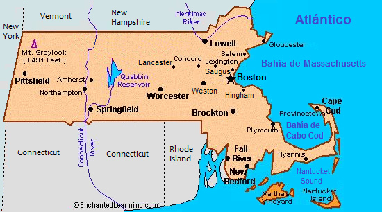 Mapa de los "EUA" con el estado
                    federal de Massachusets con su capital de Boston