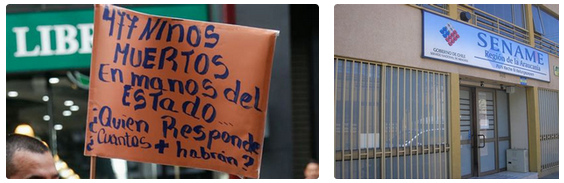 SENAME Chile mit 1313 toten
                        Kindern in katholischen Kinderheimen:
                        Protesttransparent und Logo