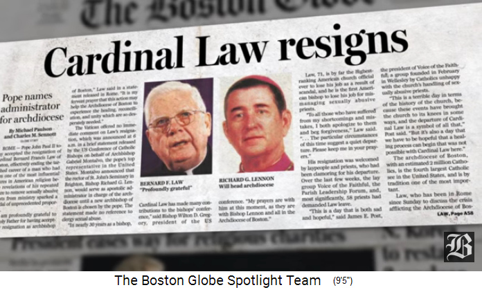 Artikel
                    des Boston Globe: Kardinal Law tritt zurück,
                    Nachfolger ist Kardinal Lennon
