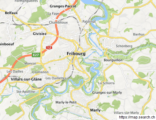 Karte mit
                  Freiburg / Fribourg und Bourguillon:
                  https://map.search.ch/Bourguillon